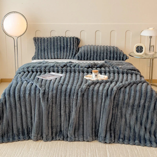 Wide Stripe Flannel Throw Blanket for Bed & Sofa