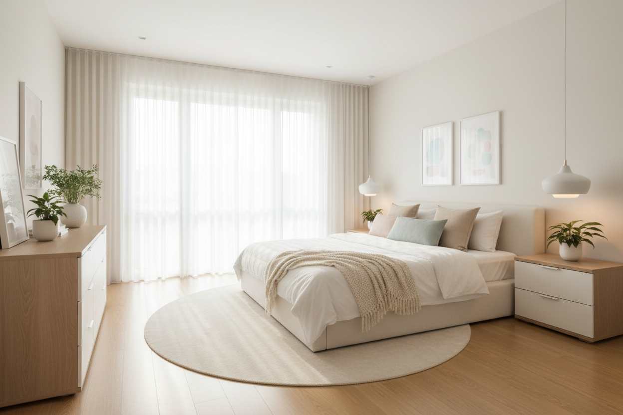 a nice and comfortable bedroom that has light colours and is very lit up