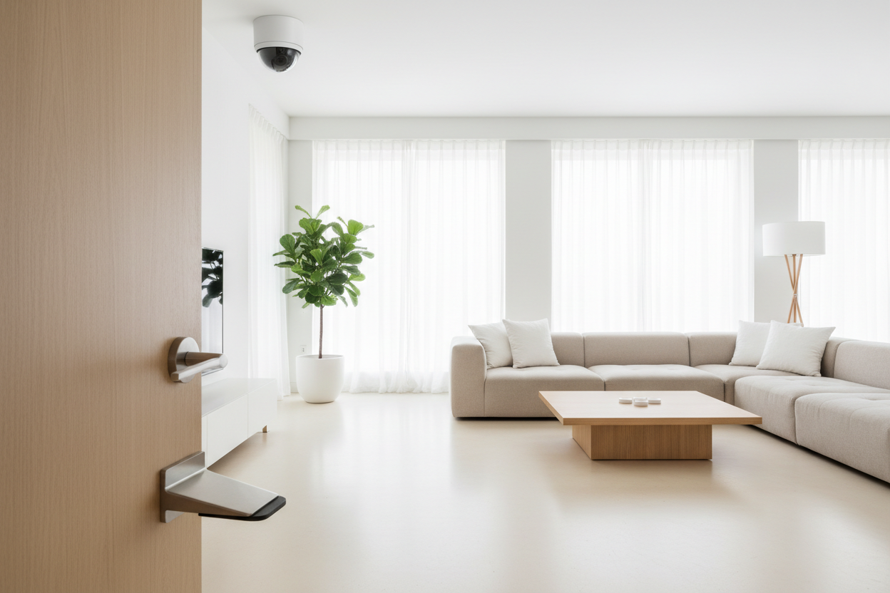 A very light room or area that has very light colours with security products like the camera and door stopper i am selling in use