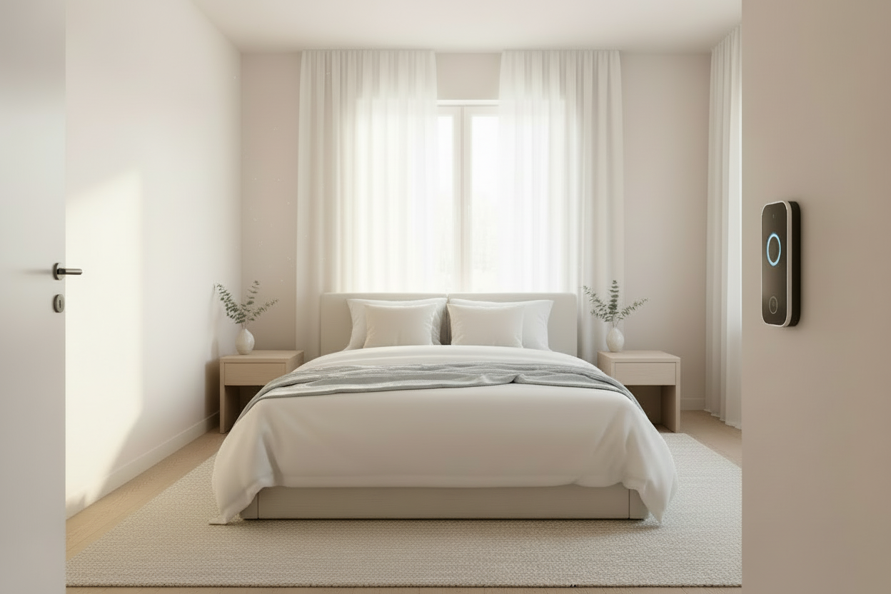 an image that summarise the store. A store that sells bedroom and security products. Use light colours and make it very bright